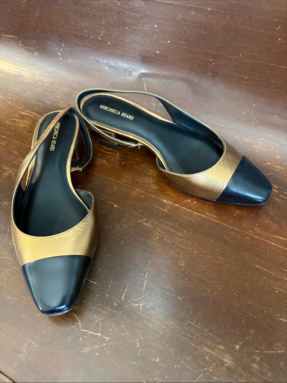 Veronica Beard Black and Bronze Pointed Slingback Flats